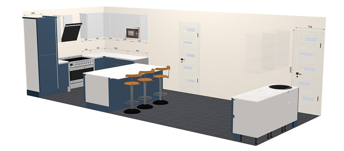 Blue True Handleless Kitchen designed on the Better Kitchen 3D Online Kitchen Planner 
