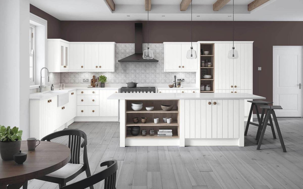 St Ives Vertical Grooved Kitchen In Porcelain with Full Height Door and Glass Door Wall Units