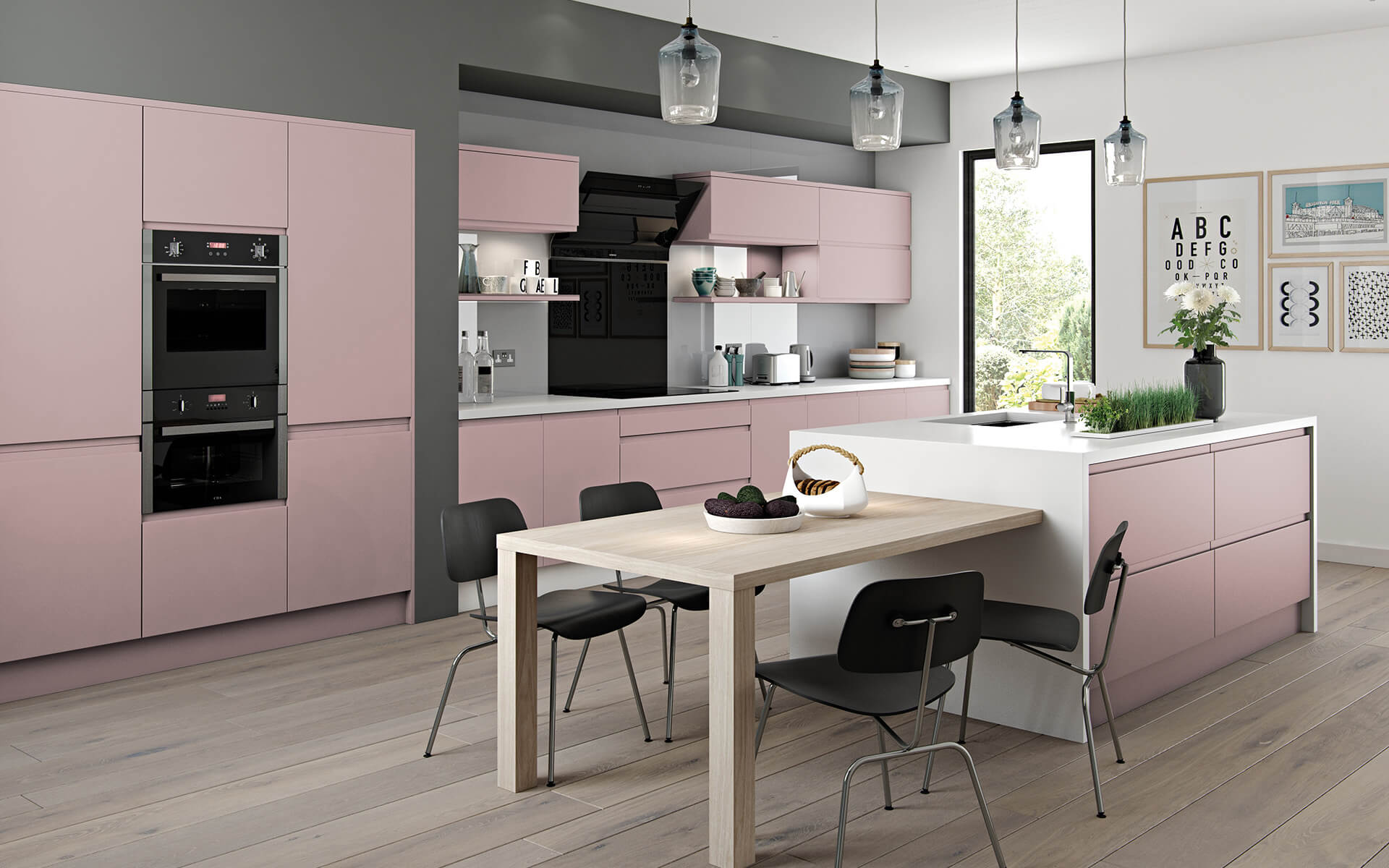 Marino Heritage Pink Handleless Kitchen with White Worktop.