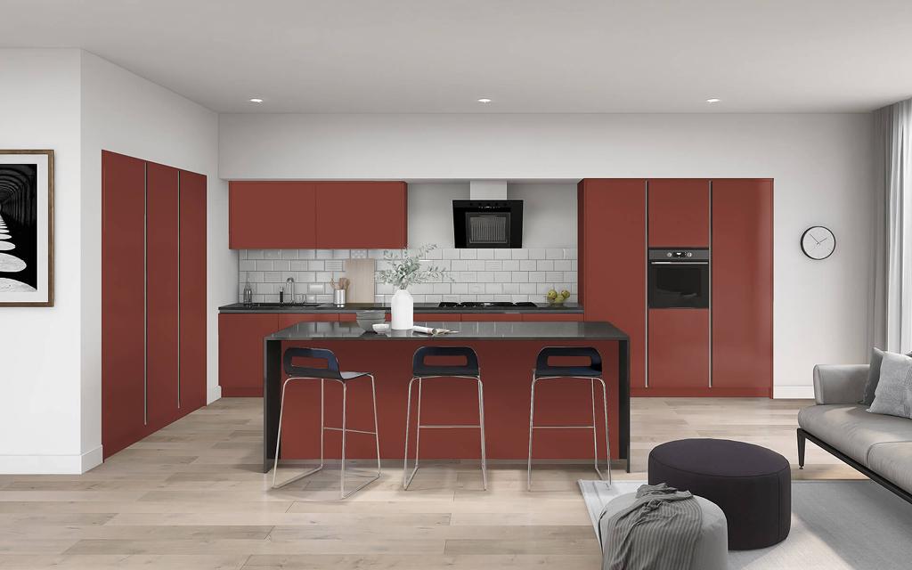 Henley Tuscan Red True Handleless Kitchen with Black Worktops and Low Wall Units cleverly used under the bulkhead.