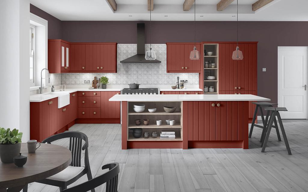 St Ives Tuscan Red Grooved Kitchen with perfectly balanced use of kitchen wall units.