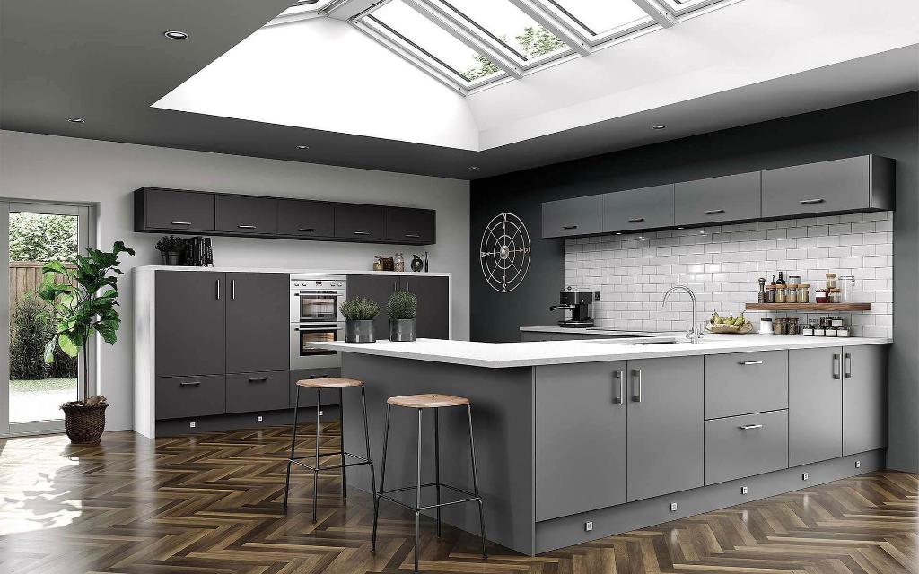 Verdano Graphite Matt Kitchen with white worktops and Bar Handles