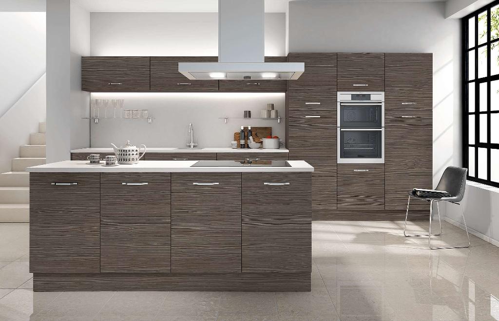 Metro Brown Grey Avola Modern Kitchen with linear positioning of lower base units handles