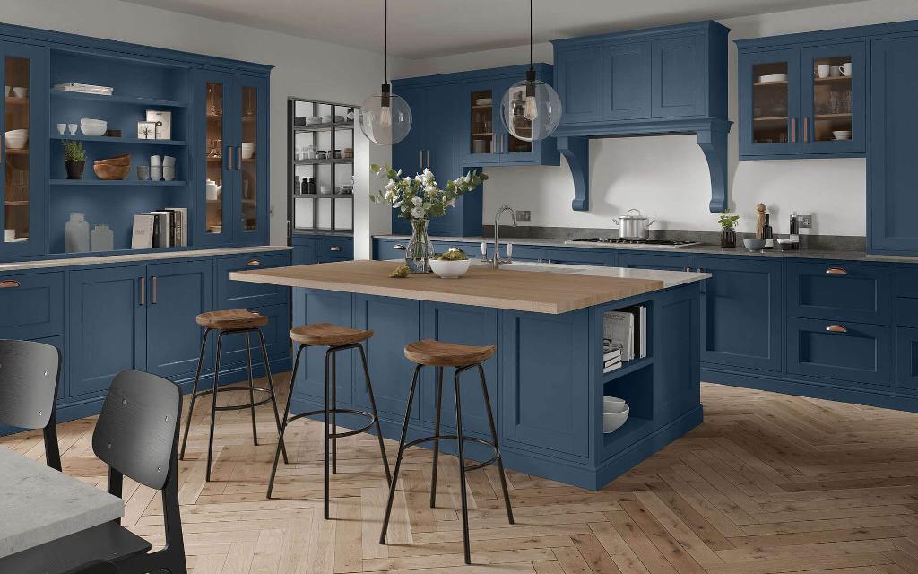 Portwood Eiffel Blue Shaker Kitchen with Cup Handles and D Pull Handles