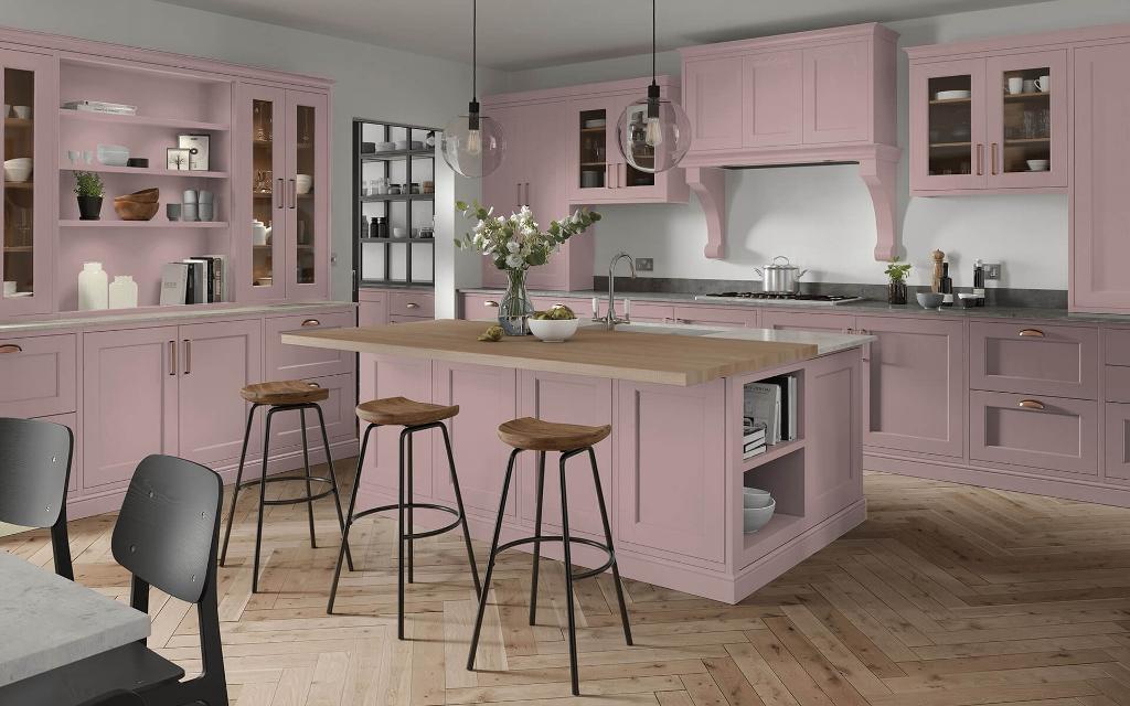 Portwood Heritage Pink kitchen with profiled plinth kickboard