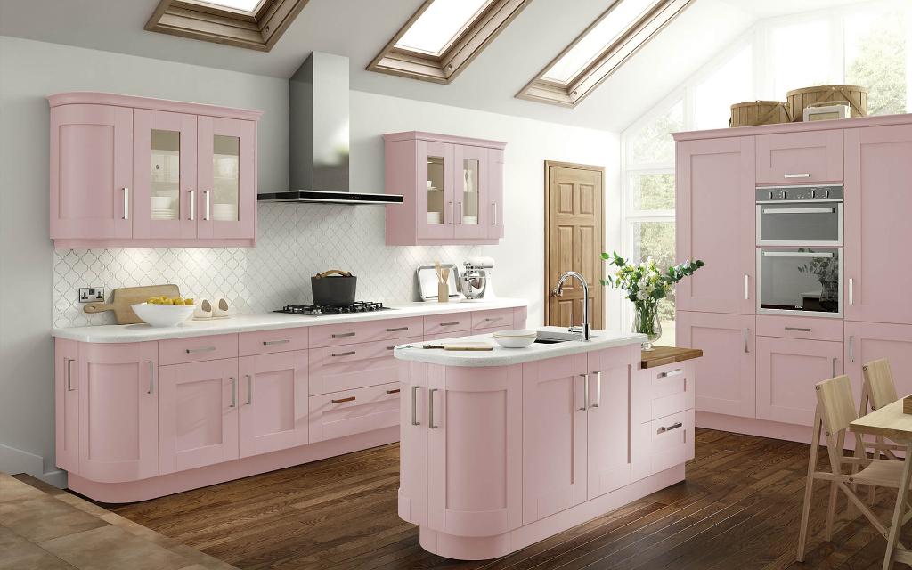Pink Shaker Kitchen with white worktops