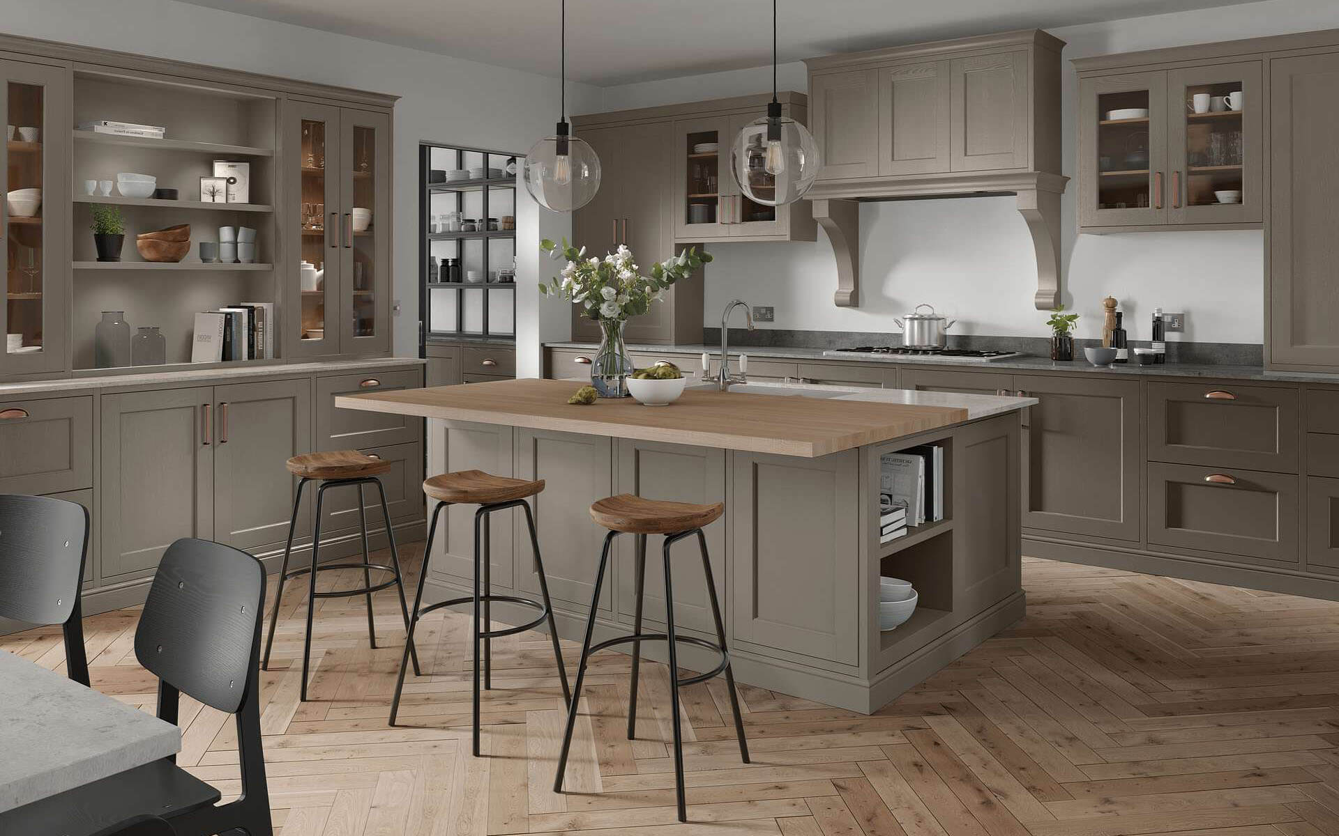 Portwood Stone Grey Kitchen with Large Oak Island Worktop