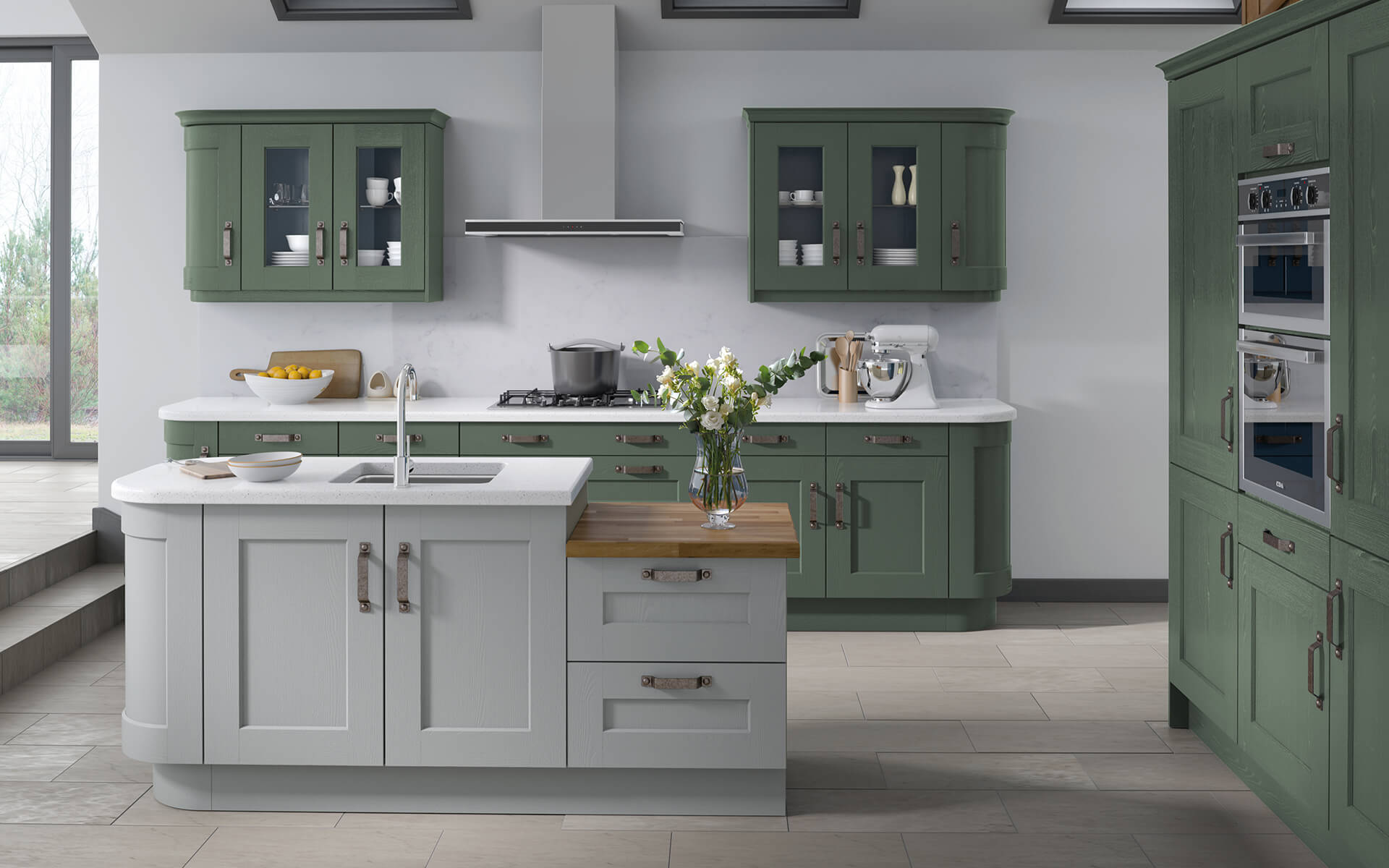 Burwood Moss Green and Light Grey Timber Painted Kitchen from Better Kitchens