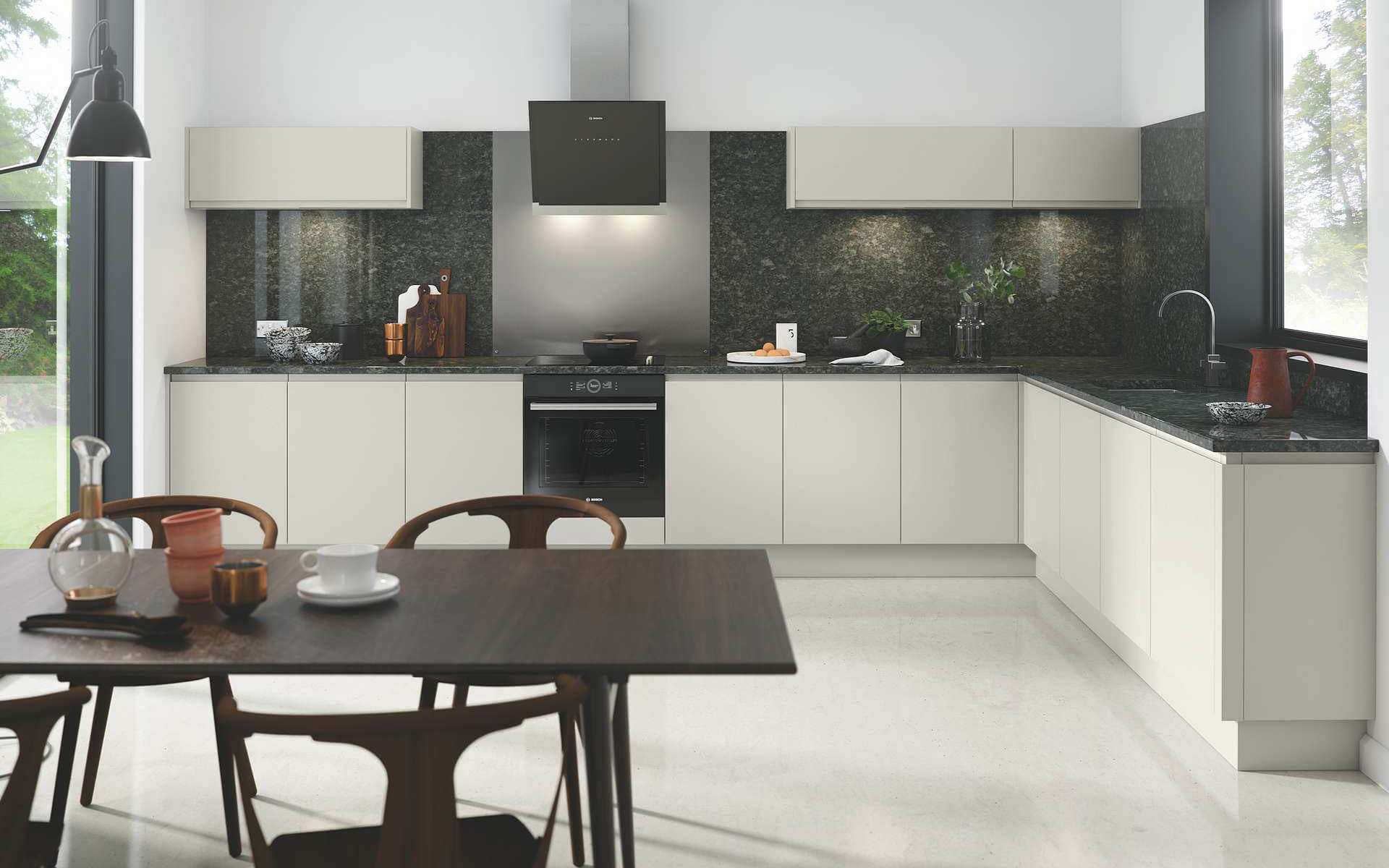 Moderna Matt Handleless J Pull Kitchen In Light Grey