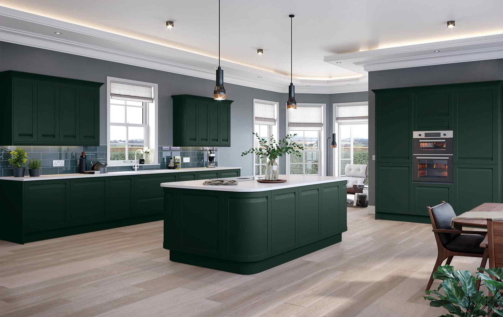 Haywood Fir Green Handleless Shaker kitchen from Better Kitchens