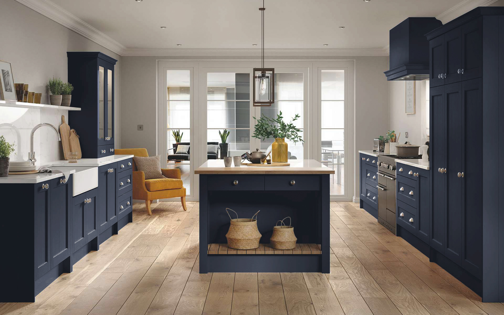 Seaton Indigo Blue Shaker Kitchen With Double Belfast Sink and Double Door Belfast Base Unit - Better Kitchens