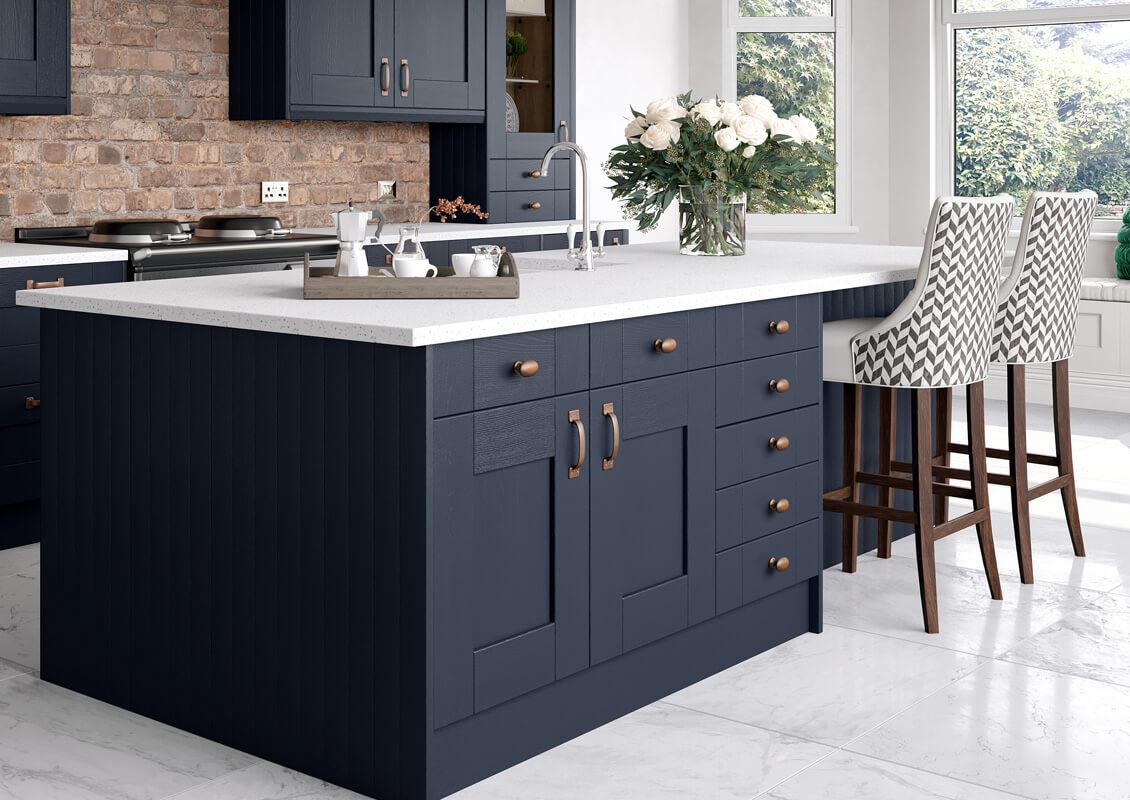 Drawerline kitchen base units next to a Drawerline matching multi drawer unit in Indigo Blue Shaker Design - Better Kitchens