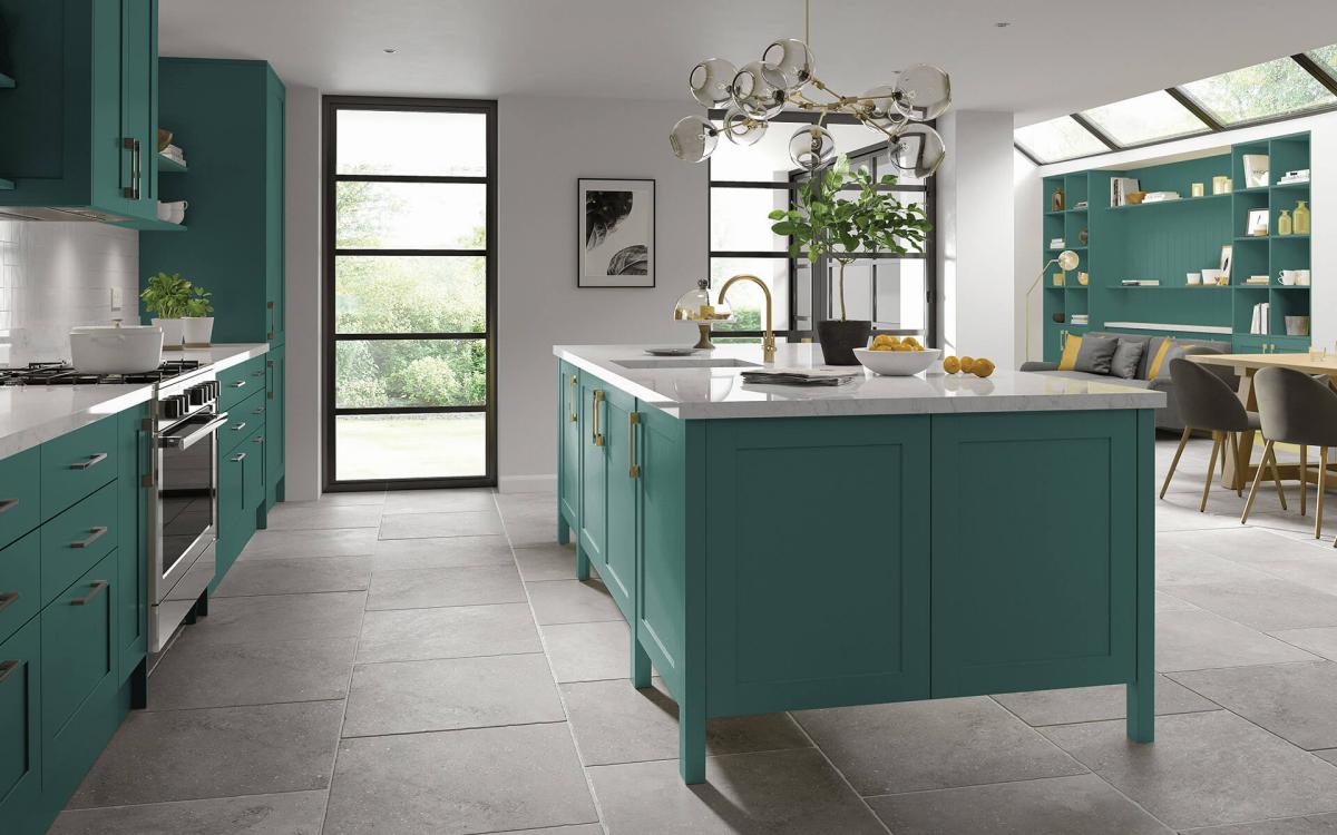 Grey Natural Stone Flooring in Green Shaker Kitchen - Better Kitchens