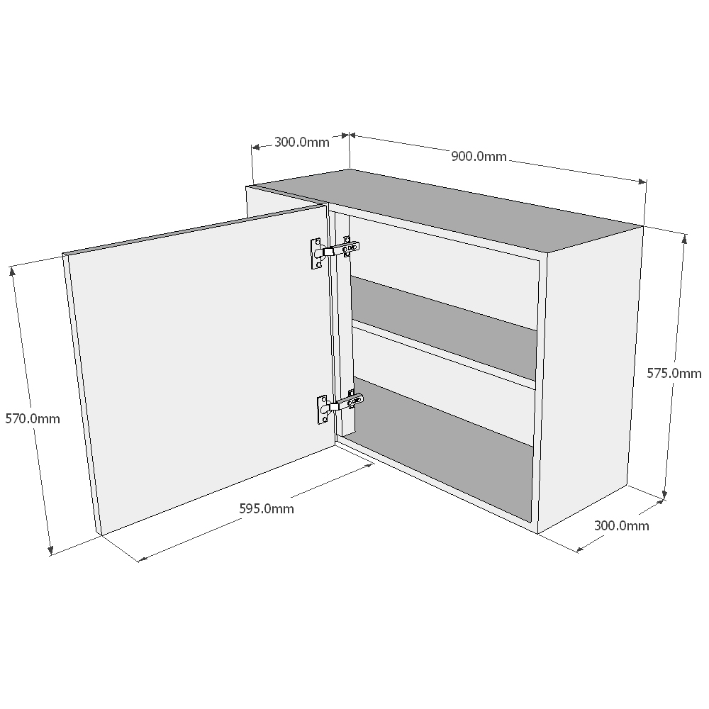 900mm Standard Corner Wall Unit - 600mm Door (Left Blank) (Low) Dimensions