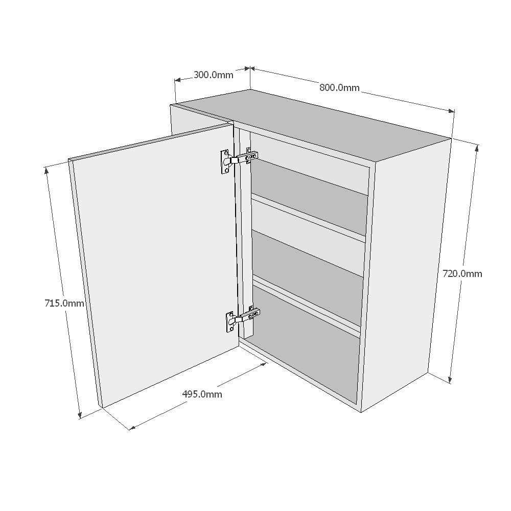 800mm Standard Corner Wall Unit - 500mm RH Door (Medium) Dimensions