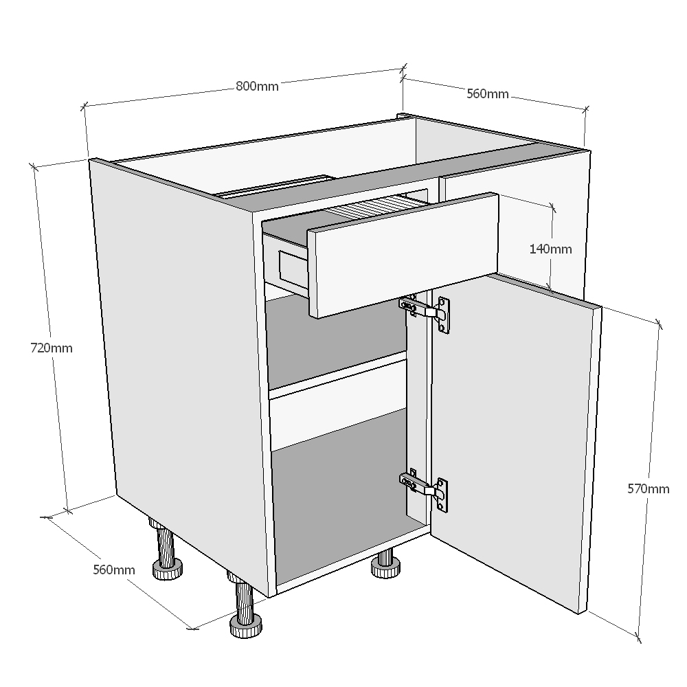 800mm Drawerline Corner Base Unit - 400mm LH Hand Door Dimensions