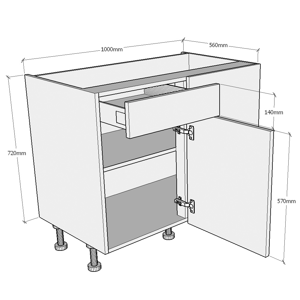 1000mm Drawerline Corner Base Unit - 500mm LH Hand Door Dimensions