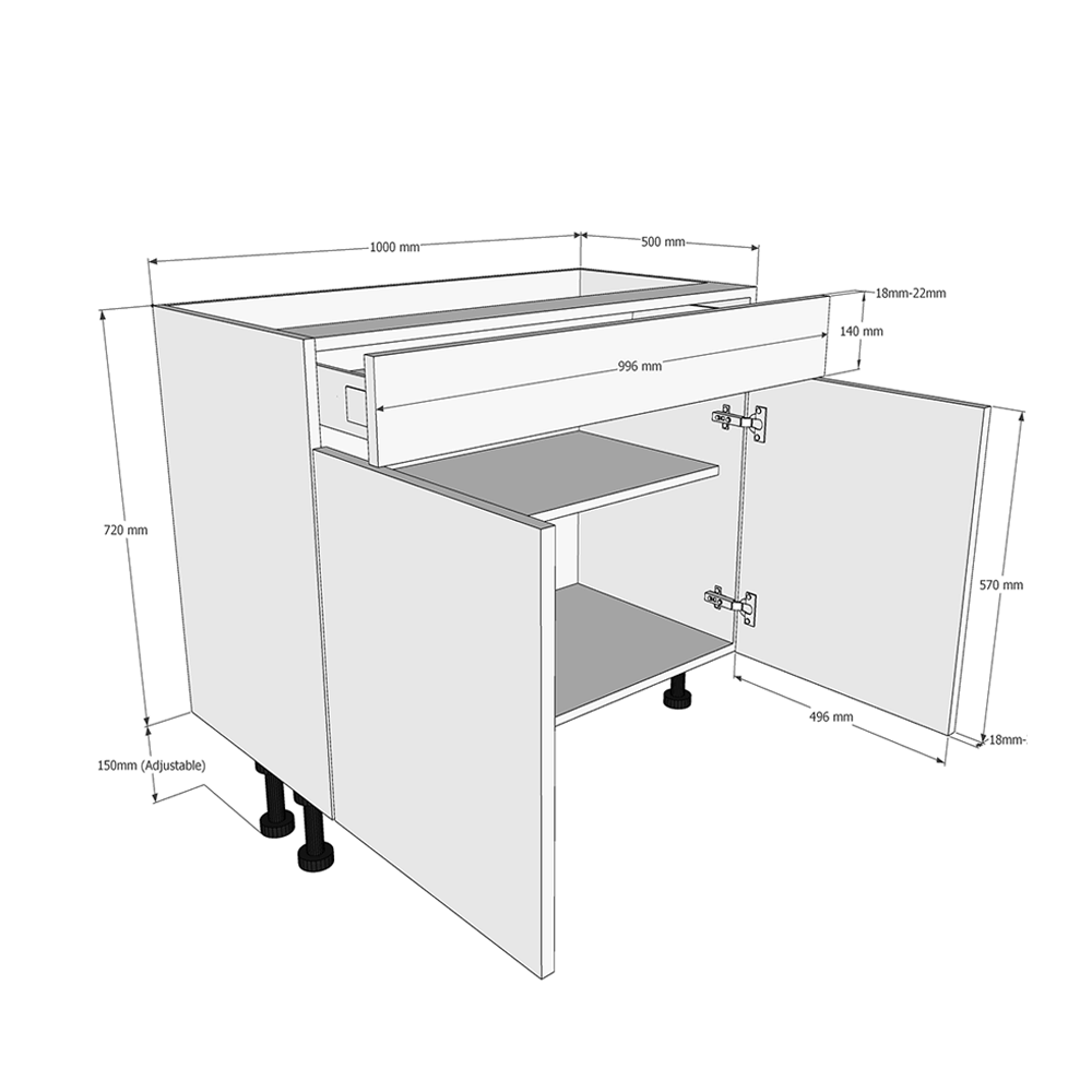 1000mm Drawerline (Single Drawer) Base Unit (470mm Deep) Dimensions