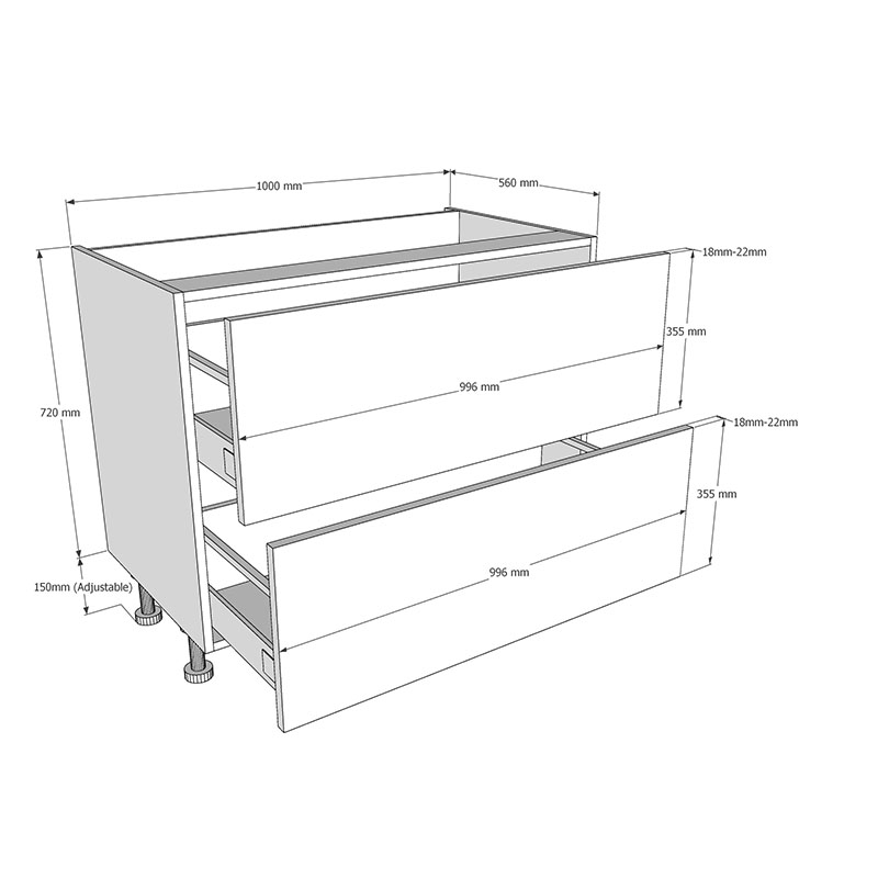 1000mm 2 Drawer Base Unit Dimensions