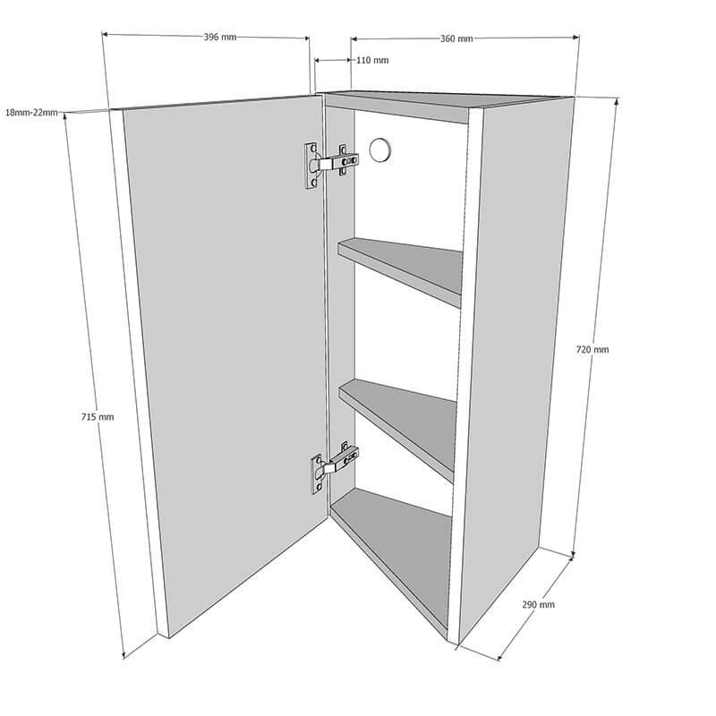 360mm Splay End Wall Unit - Left End (Low) Dimensions