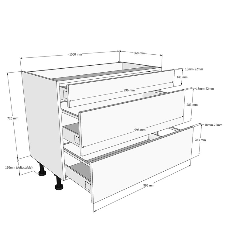 1000mm 3 Drawer Base Unit