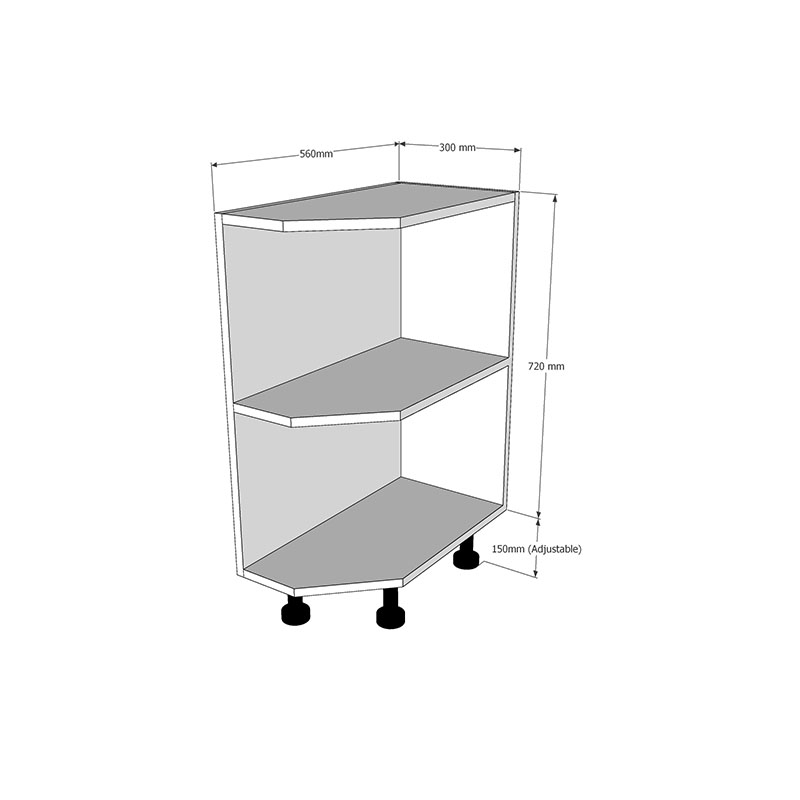 300mm Open End Base Unit - Angled (Right End) Dimensions