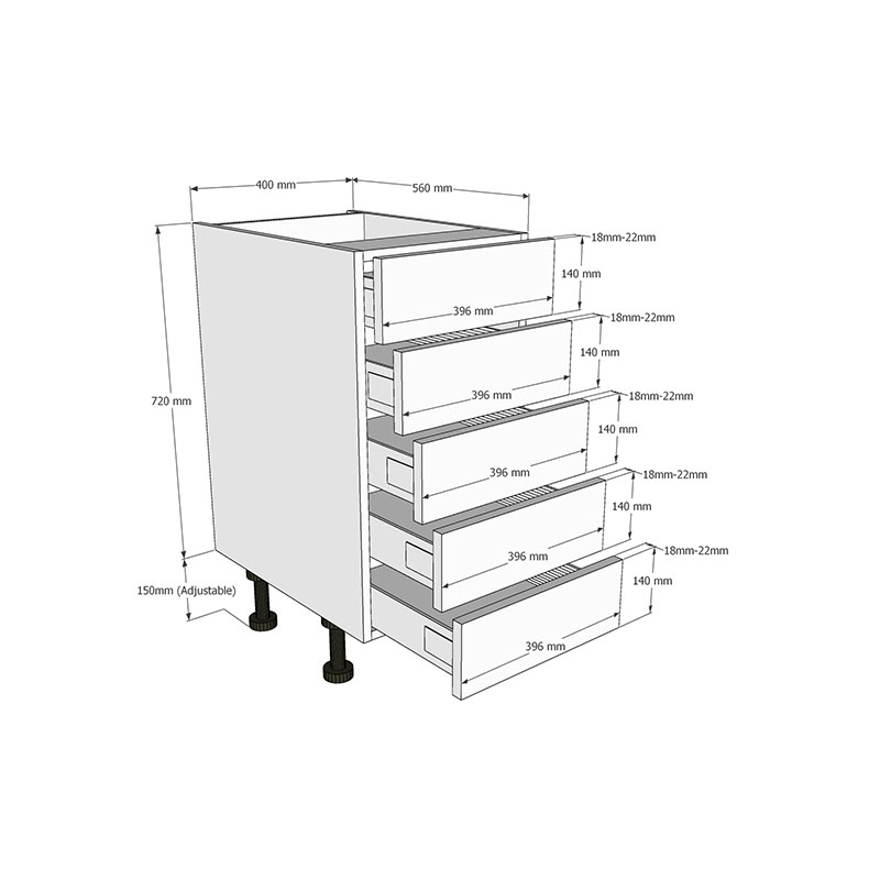 400mm 5 Drawer Base Unit Dimensions