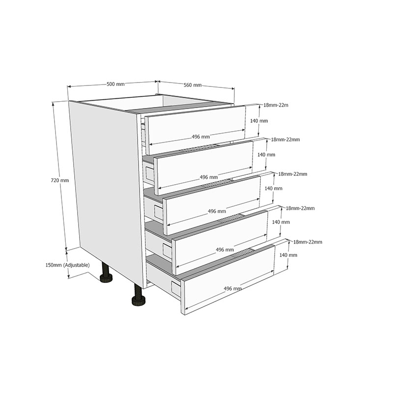 500mm 5 Drawer Base Unit Dimensions