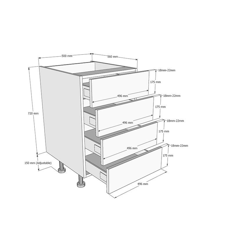 500mm 4 Drawer Base Unit Dimensions