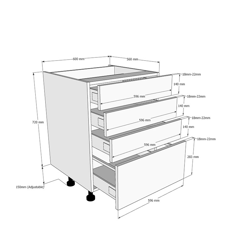 600mm 3+1 Pan Drawer Base Unit Dimensions