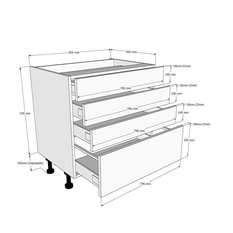 800mm 3+1 Pan Drawer Base Unit Dimensions