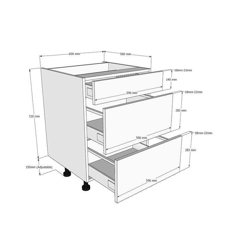 600mm 3 Drawer Base Unit Dimensions