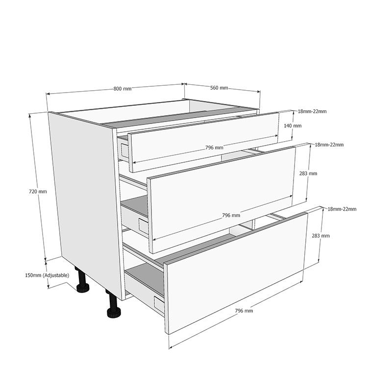 800mm 3 Drawer Base Unit