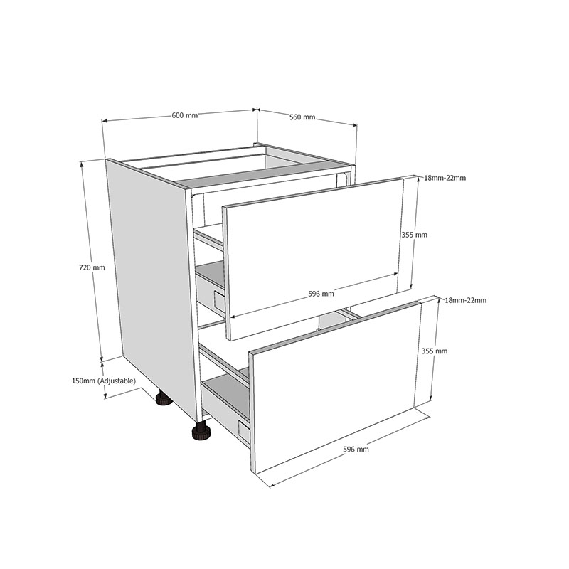 600mm 2 Drawer Base Unit + 1 Internal Dimensions