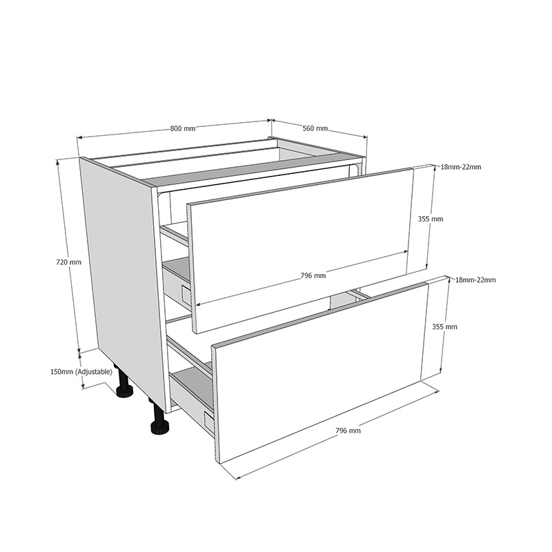800mm 2 Drawer Base Unit + 1 Internal Dimensions