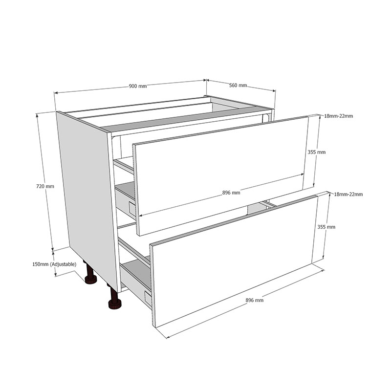 900mm 2 Drawer Base Unit + 1 Internal Dimensions