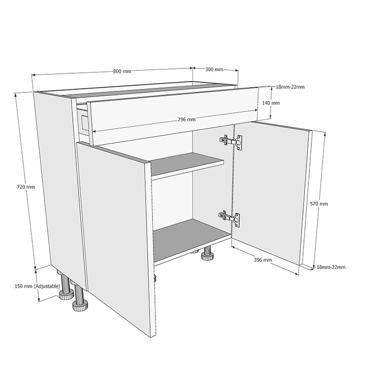800mm Drawerline (Single Drawer) Base Unit (300mm Deep) Dimensions