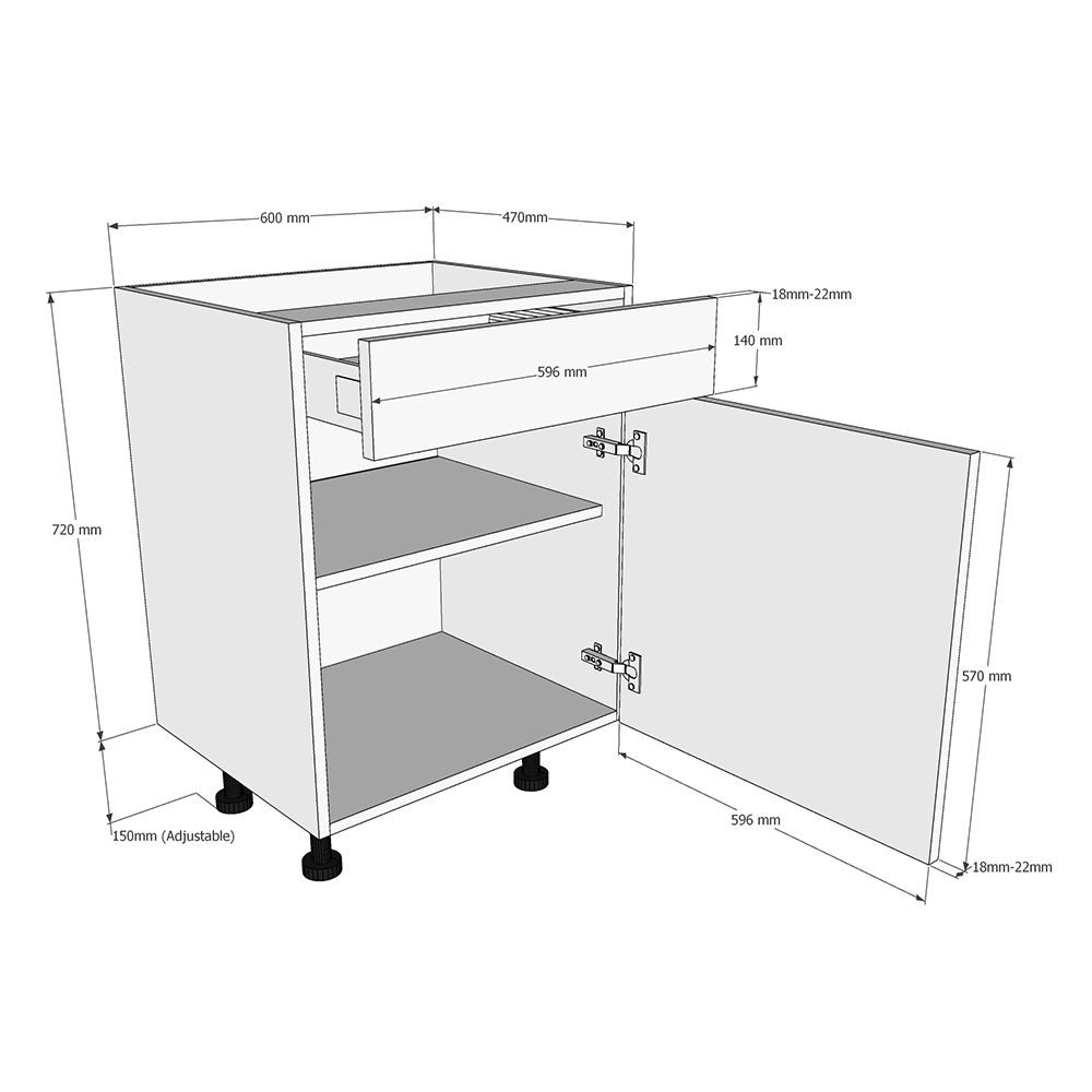 600mm Drawerline Base Unit (470mm Deep) Dimensions