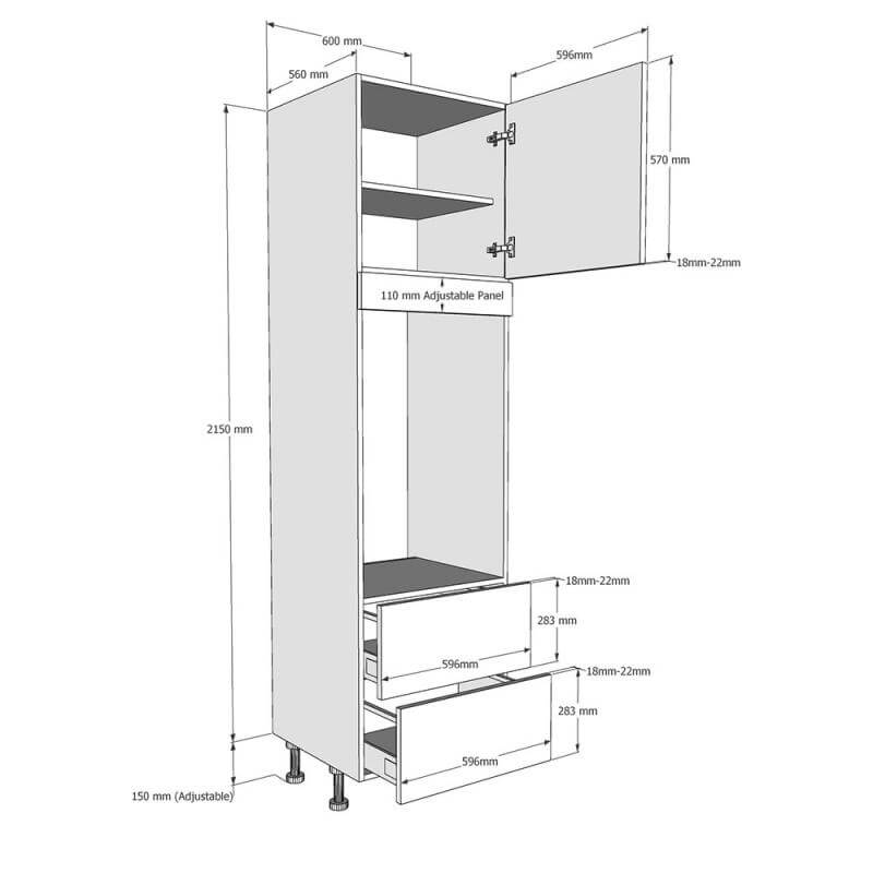 600mm Tall Double Oven Housing with 2 x Drawers (High) Dimensions