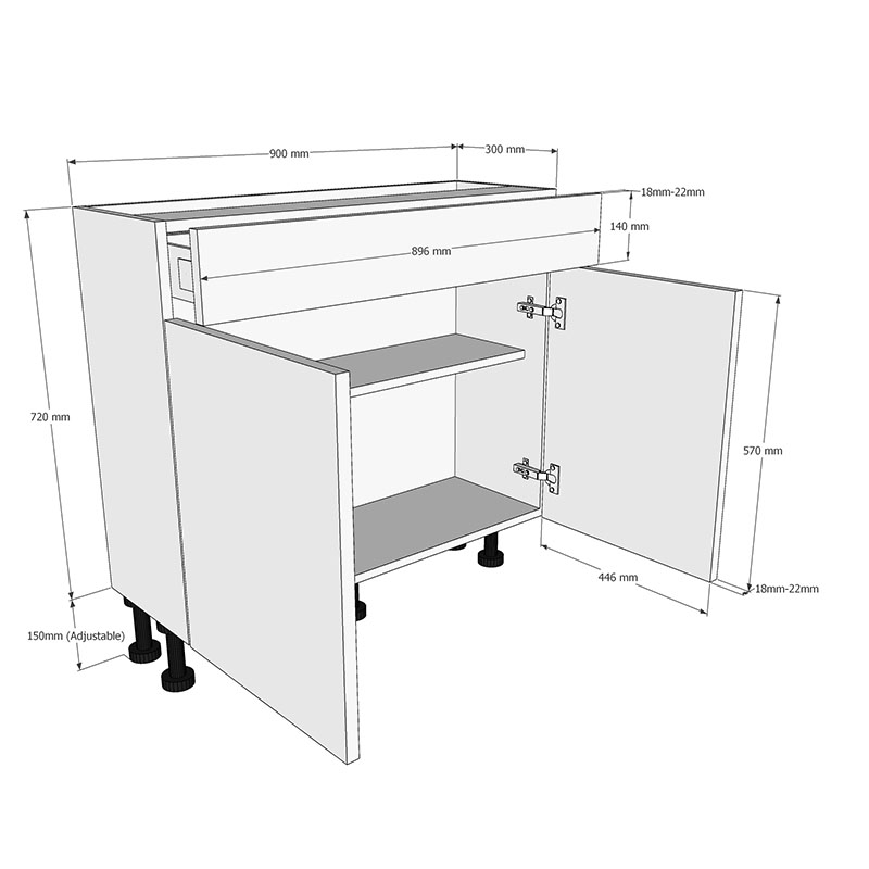 900mm Drawerline (Single Drawer) Base Unit (300mm Deep) Dimensions