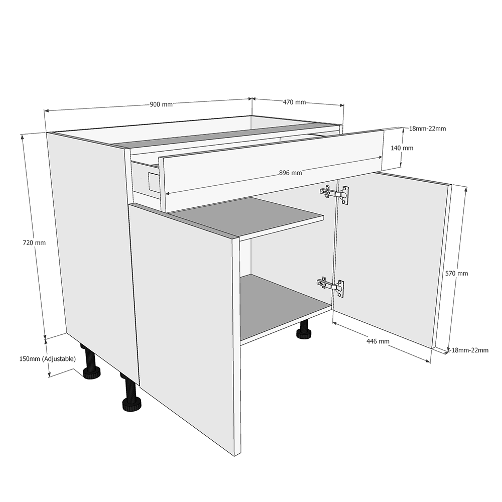 900mm Drawerline (Single Drawer) Base Unit (470mm Deep) Dimensions