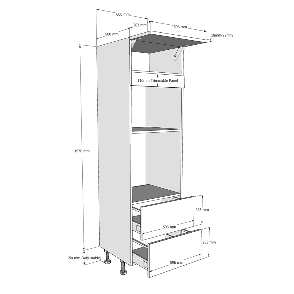 600mm Tall Single Oven & Mic Housing with 2 x Drawers (Medium) Dimensions