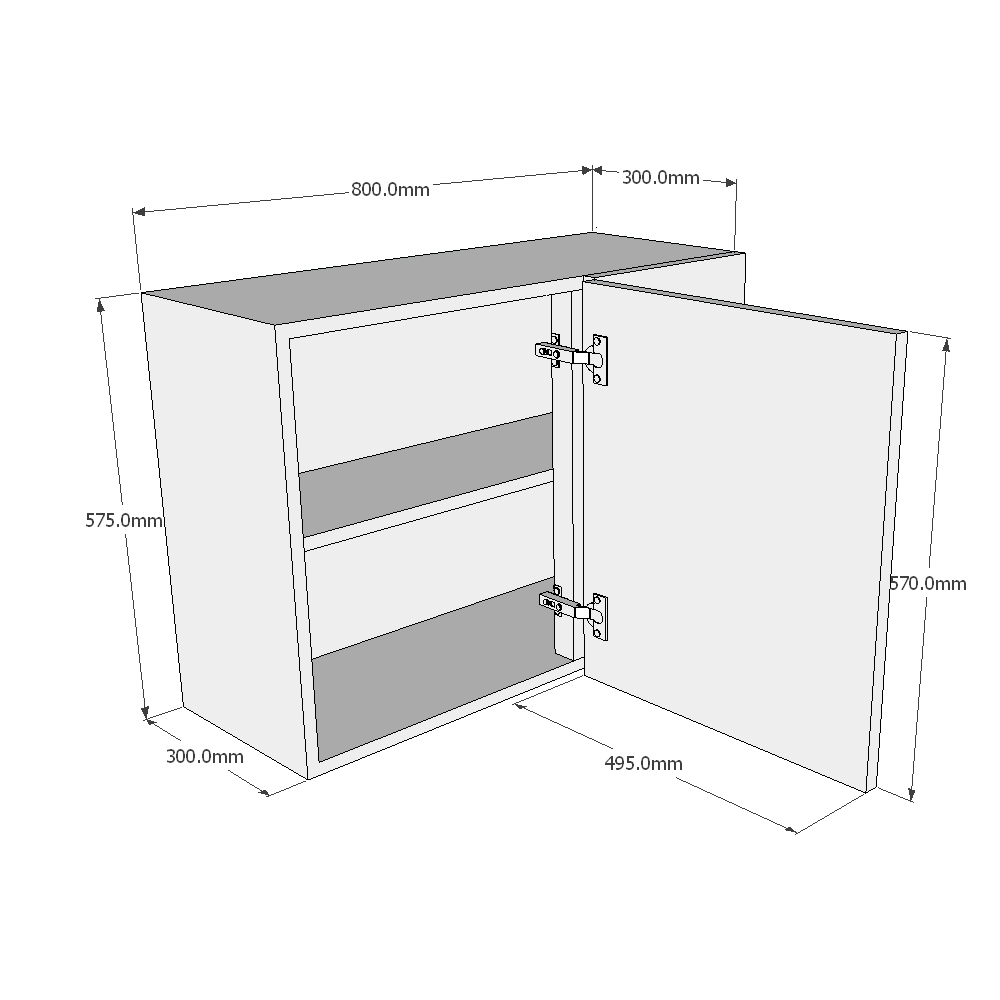 800mm Standard Corner Wall Unit - 500mm Door (Right Blank) (Low) Dimensions