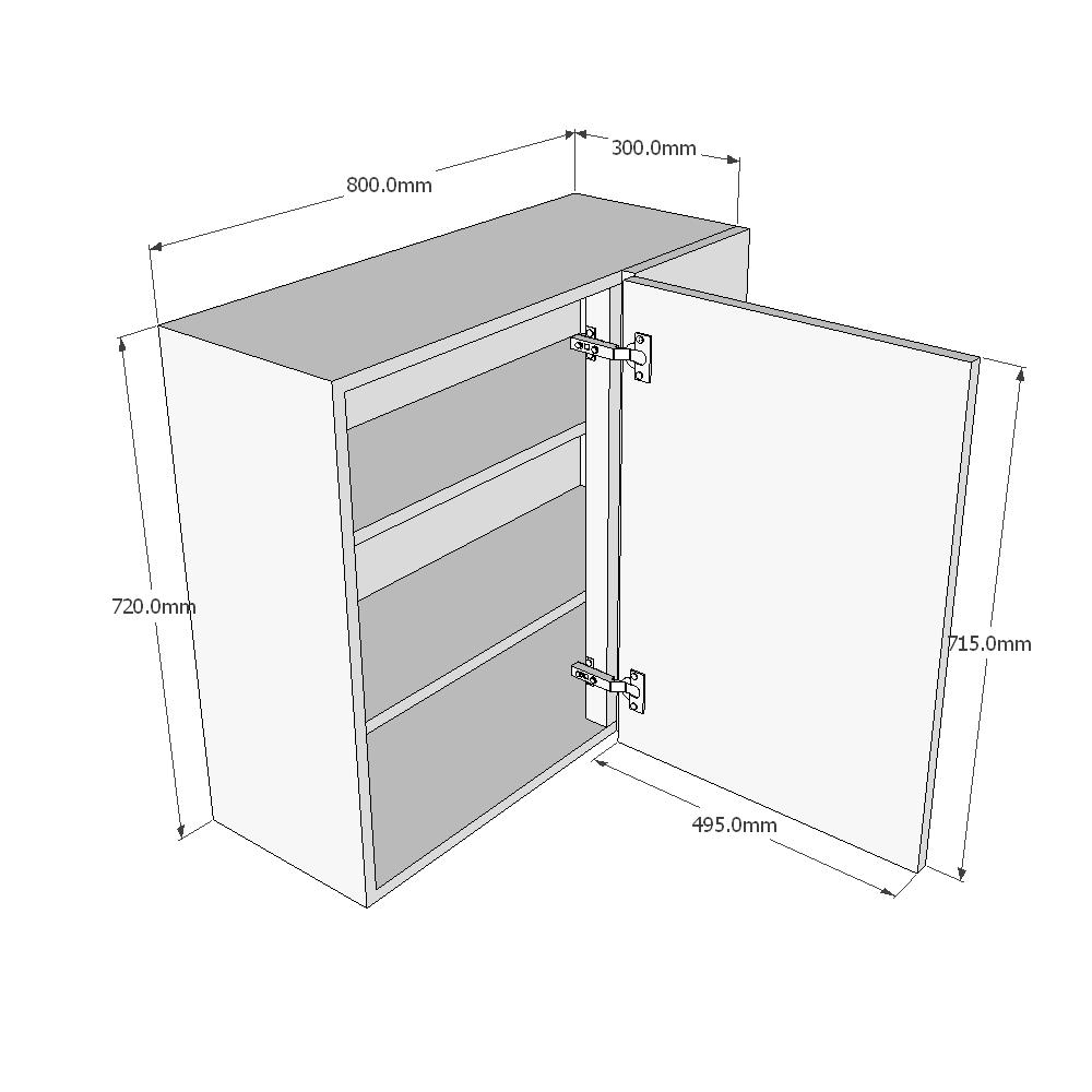 800mm Standard Corner Wall Unit - 500mm LH Door (Medium) Dimensions