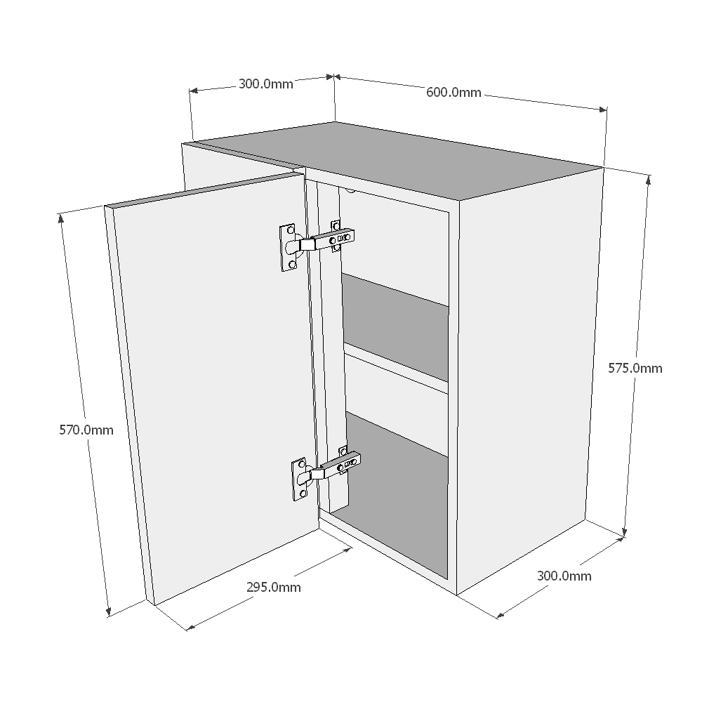 600mm Standard Corner Wall Unit - 300mm Door (Left Blank) (Low) Dimensions