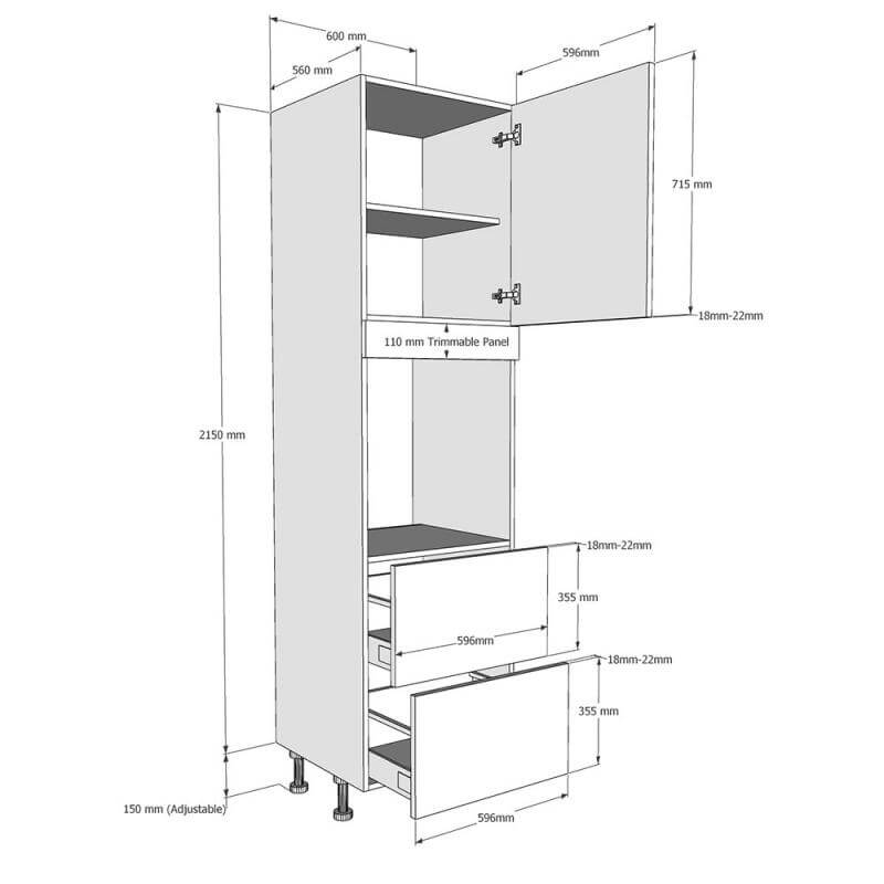 600mm Tall Single Oven Housing with 2 x Drawers (High) Dimensions