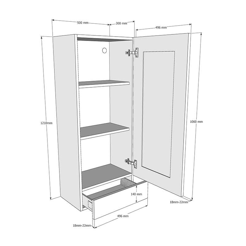 500mm Worktop Dresser with 1 x Drawer Unit to suit 25-40mm Worktops (Medium) Dimensions