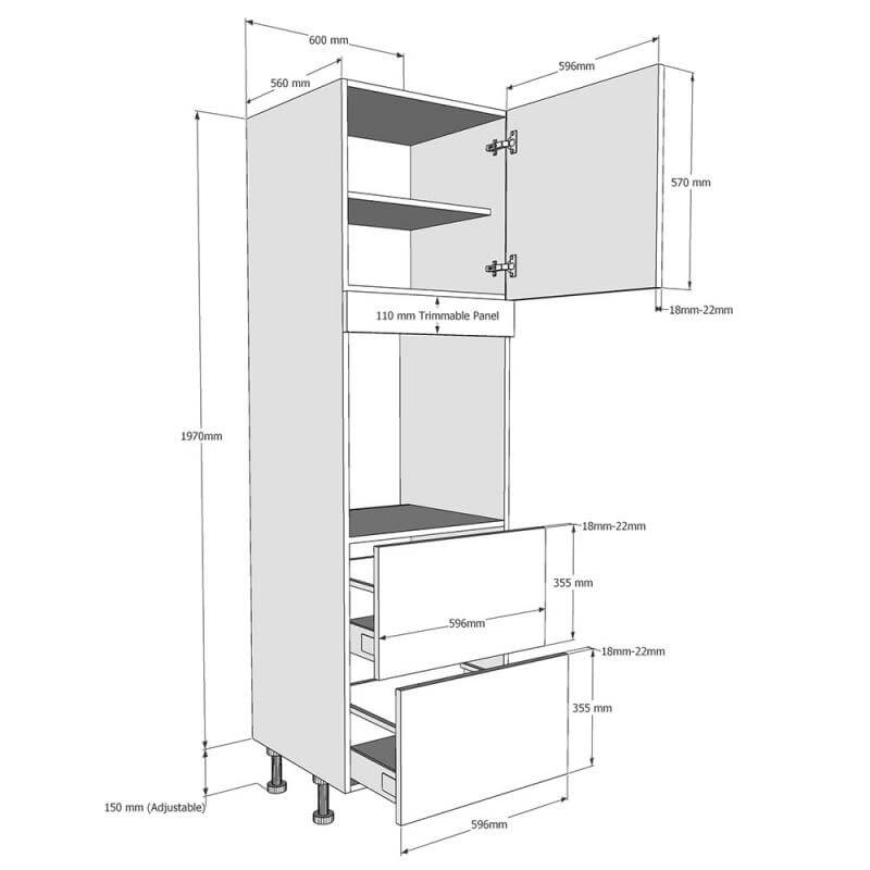 600mm Tall Single Oven Housing with 2 x Drawers (Medium) Dimensions