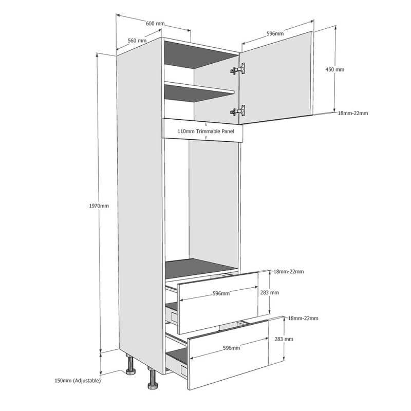 600mm Tall Double Oven Housing with 2 x Drawers (Medium) Dimensions