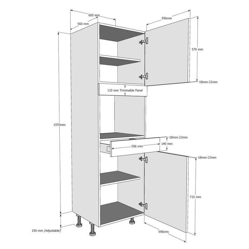 600mm Tall Microwave Housing with Drawer & Doors (Medium) Dimensions